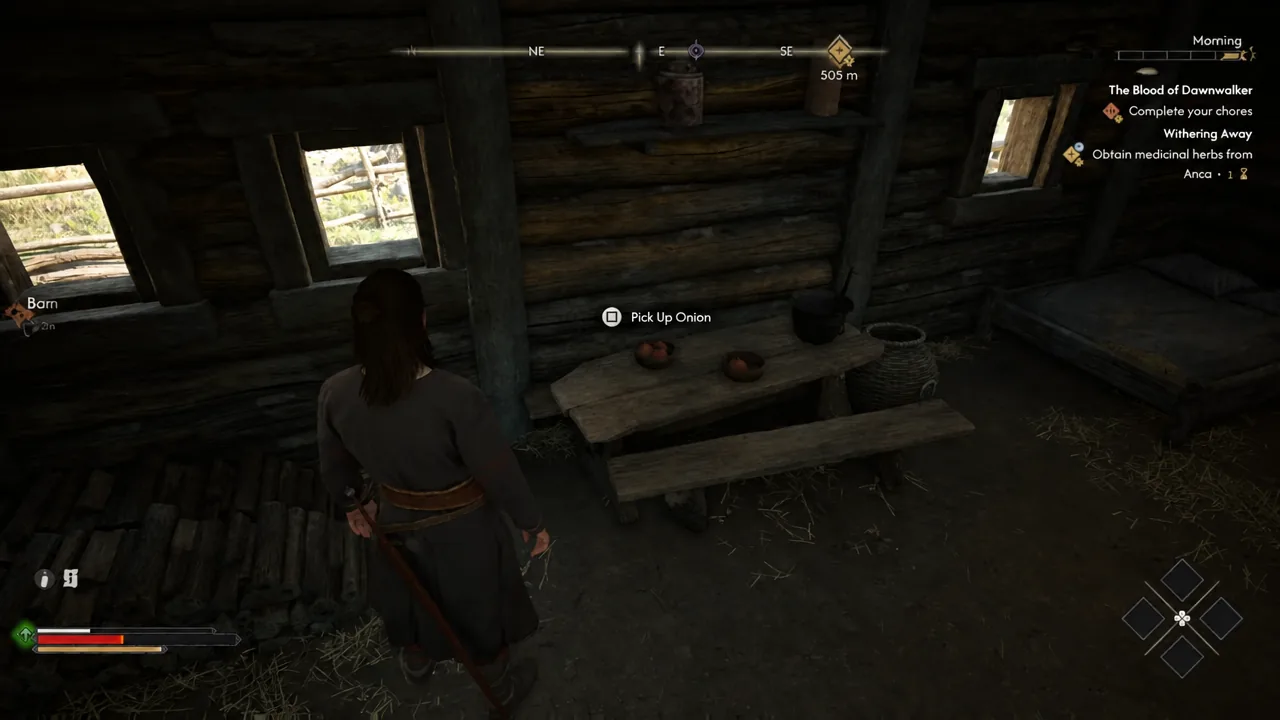 Pick Up Onion prompt over vegetables on a barn table during the prologue