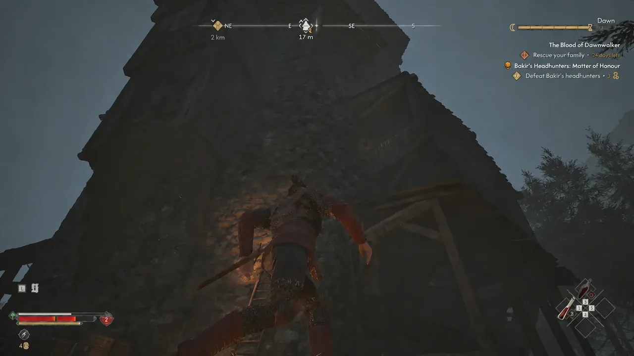 Player scaling the tower exterior with a 17 m objective marker on the compass
