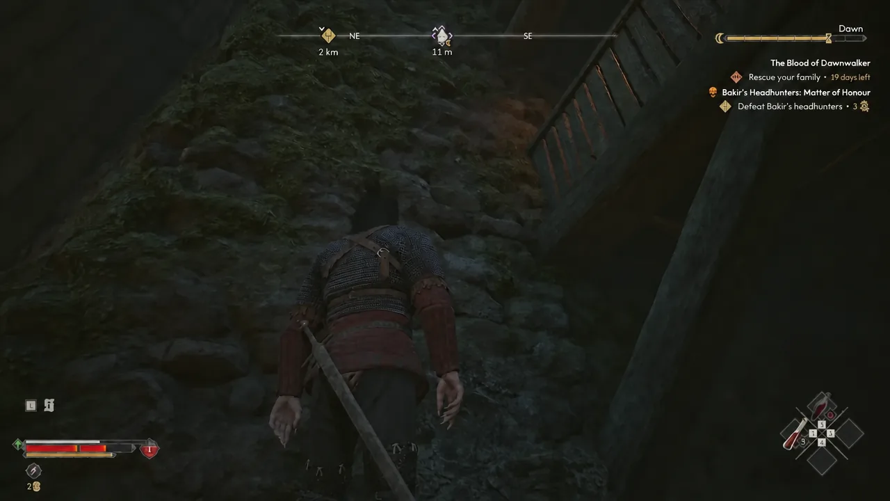 Character climbing through a rocky passage with the headhunter quest tracked on the HUD