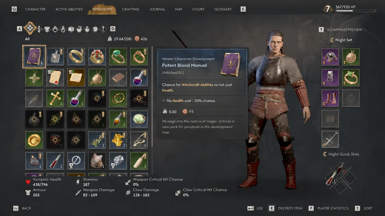 Inventory screen with the Potent Blood Manual selected and its perk details shown