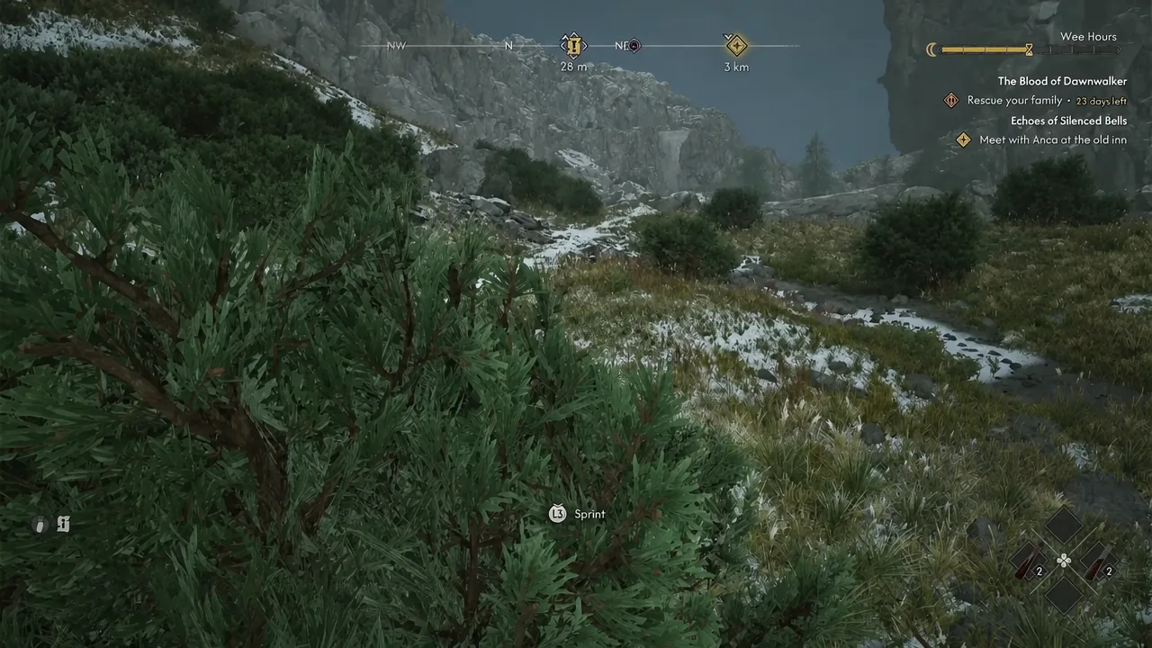 Sprint prompt on screen while crossing the snowy mountain terrain toward the quest marker