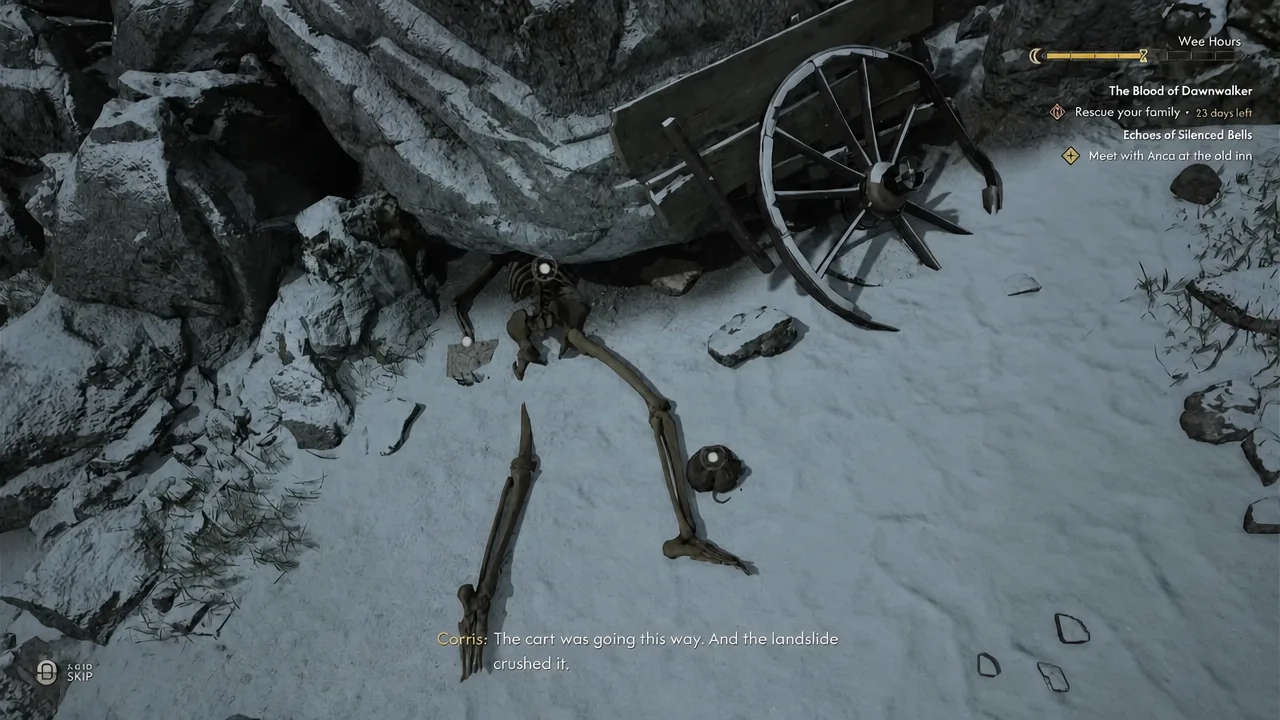 Wrecked cart and skeleton under the landslide as Coen comments on the find
