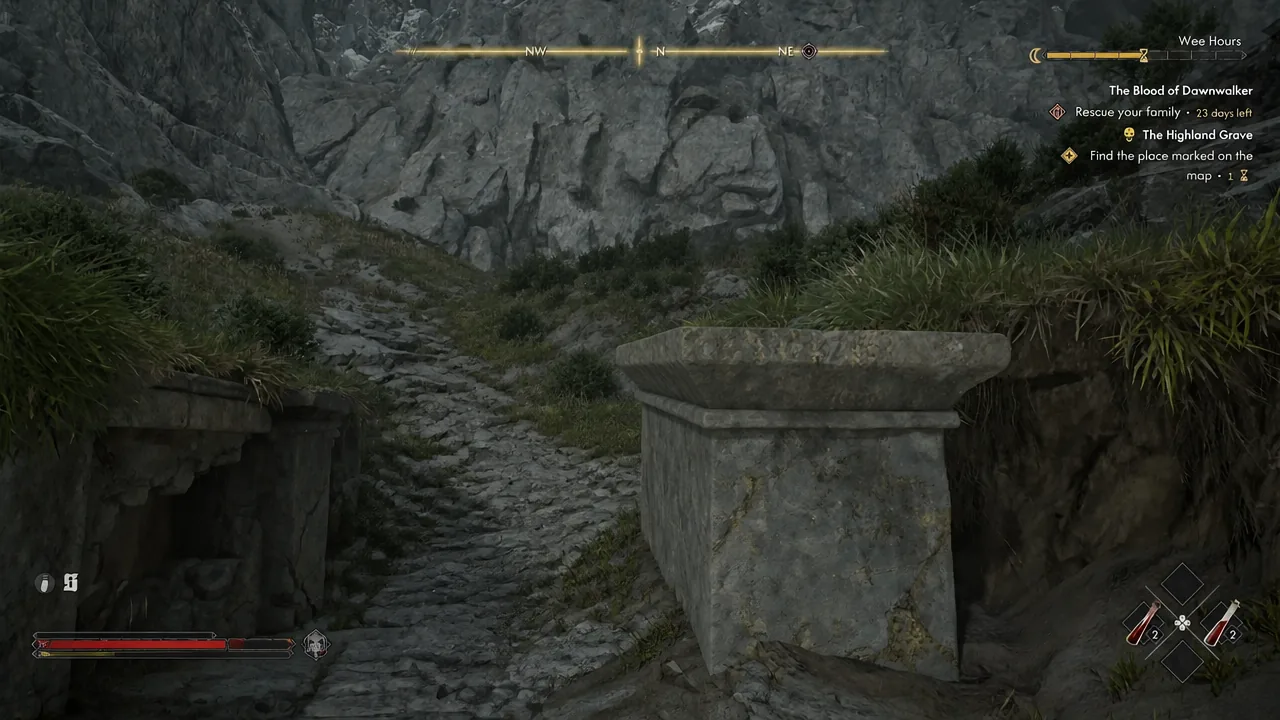 The Highland Grave objective pinned on the quest tracker while walking a rocky mountain path