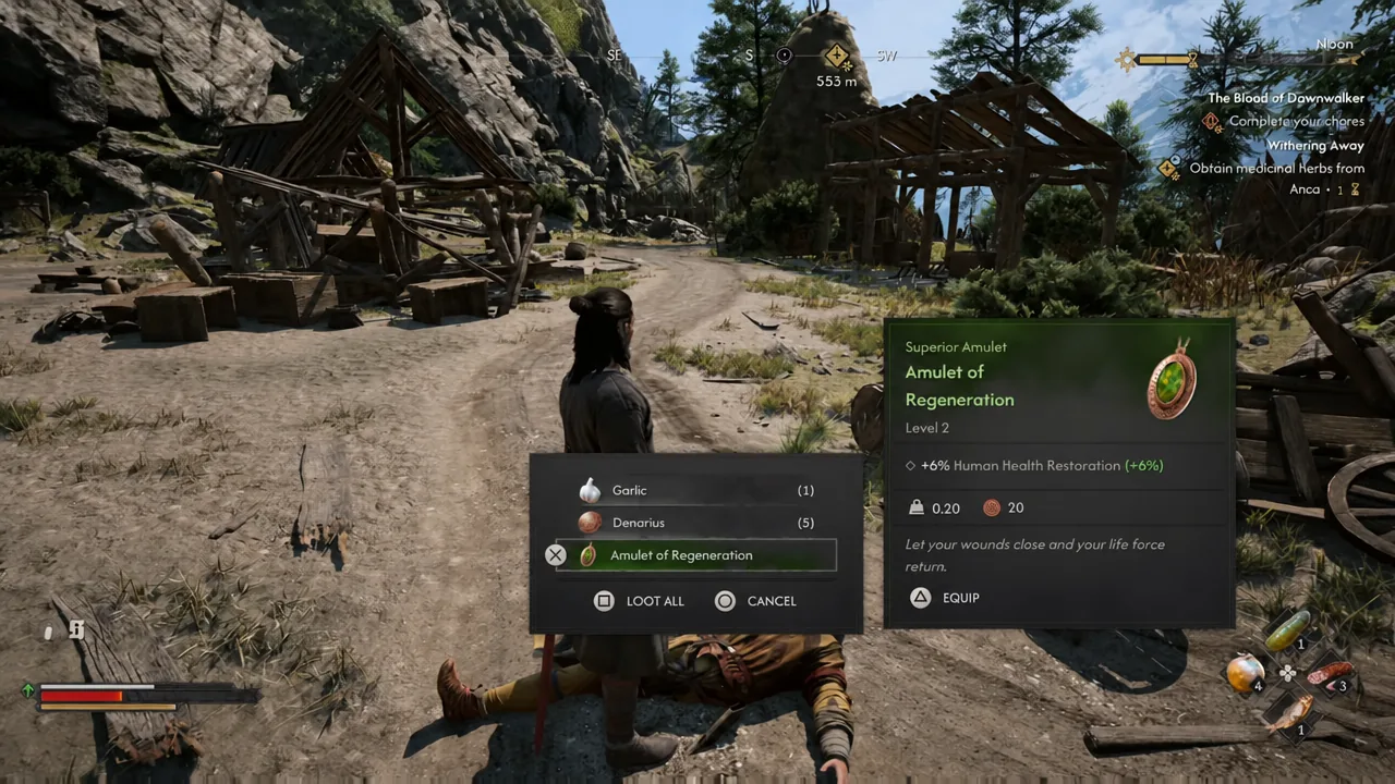 Loot menu showing the Amulet of Regeneration selected with its stats and an Equip option