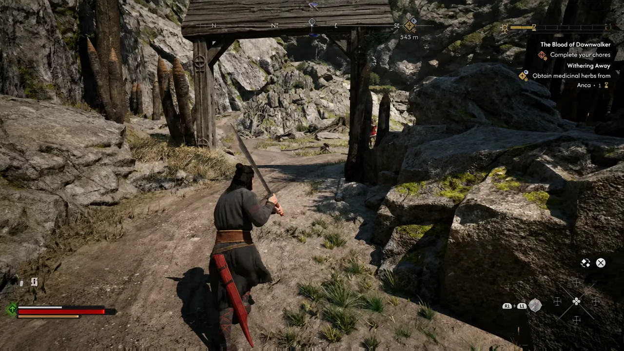 Coen following a rocky mountain path toward the Silver Mines with the quest tracker on screen