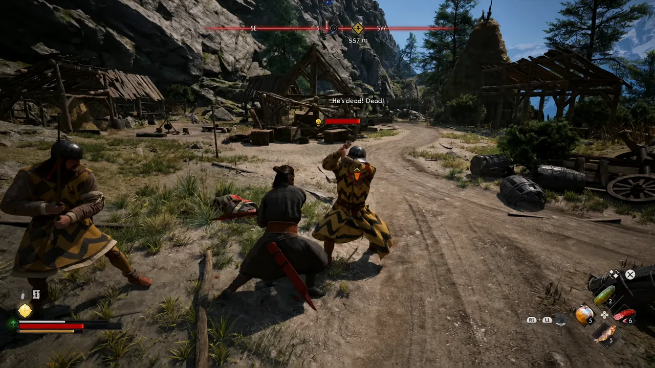 Coen trading blows with two armoured enemies outside the mine, enemy health bar shown on screen