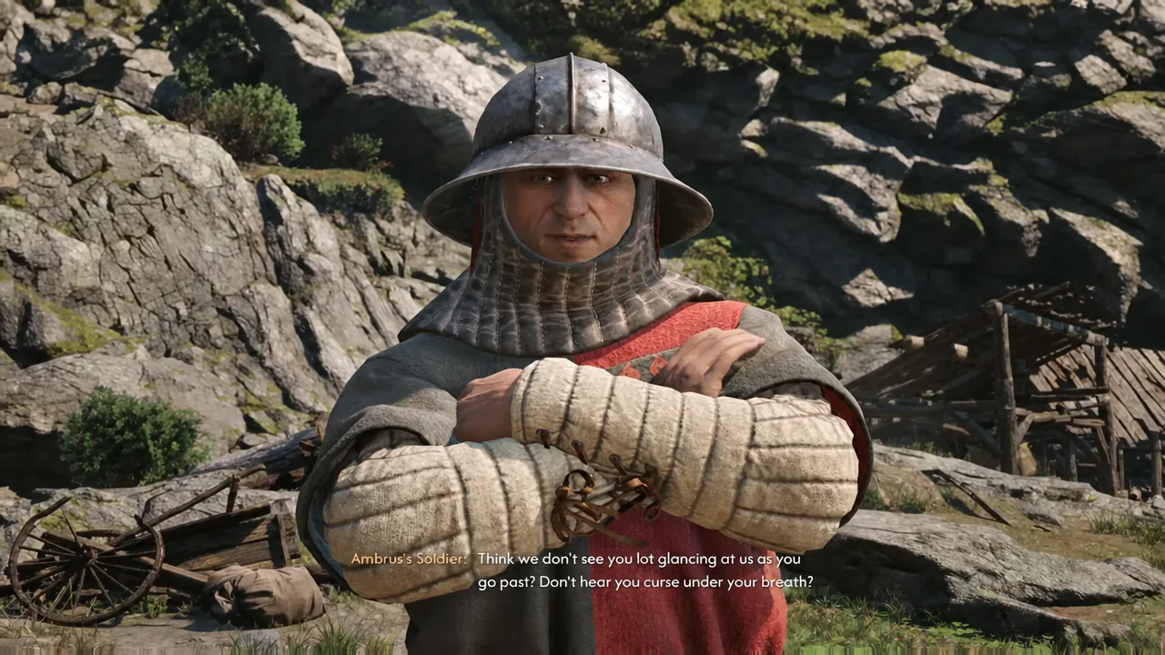Ambrus's Soldier warning Coen away from the Silver Mines entrance during dialogue