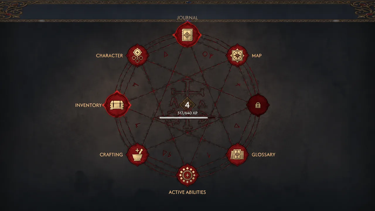 Journal radial menu open with the Inventory option highlighted