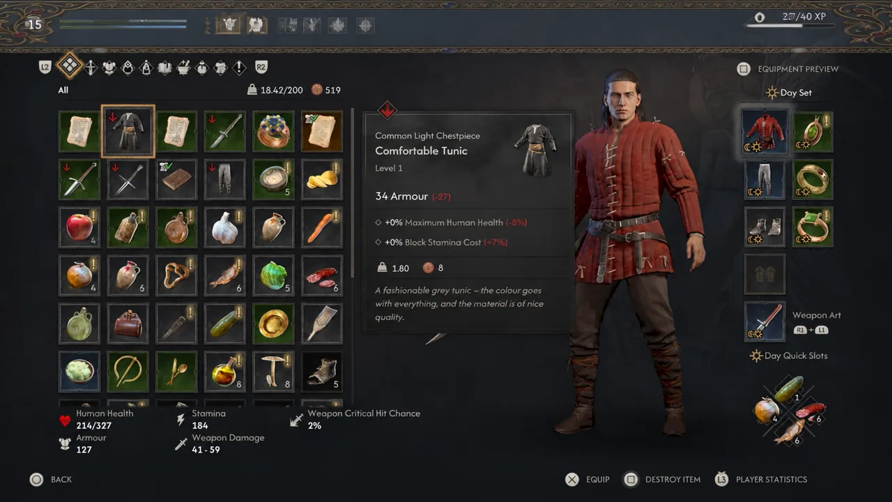 Equipment screen showing the Comfortable Tunic chest piece and its item details
