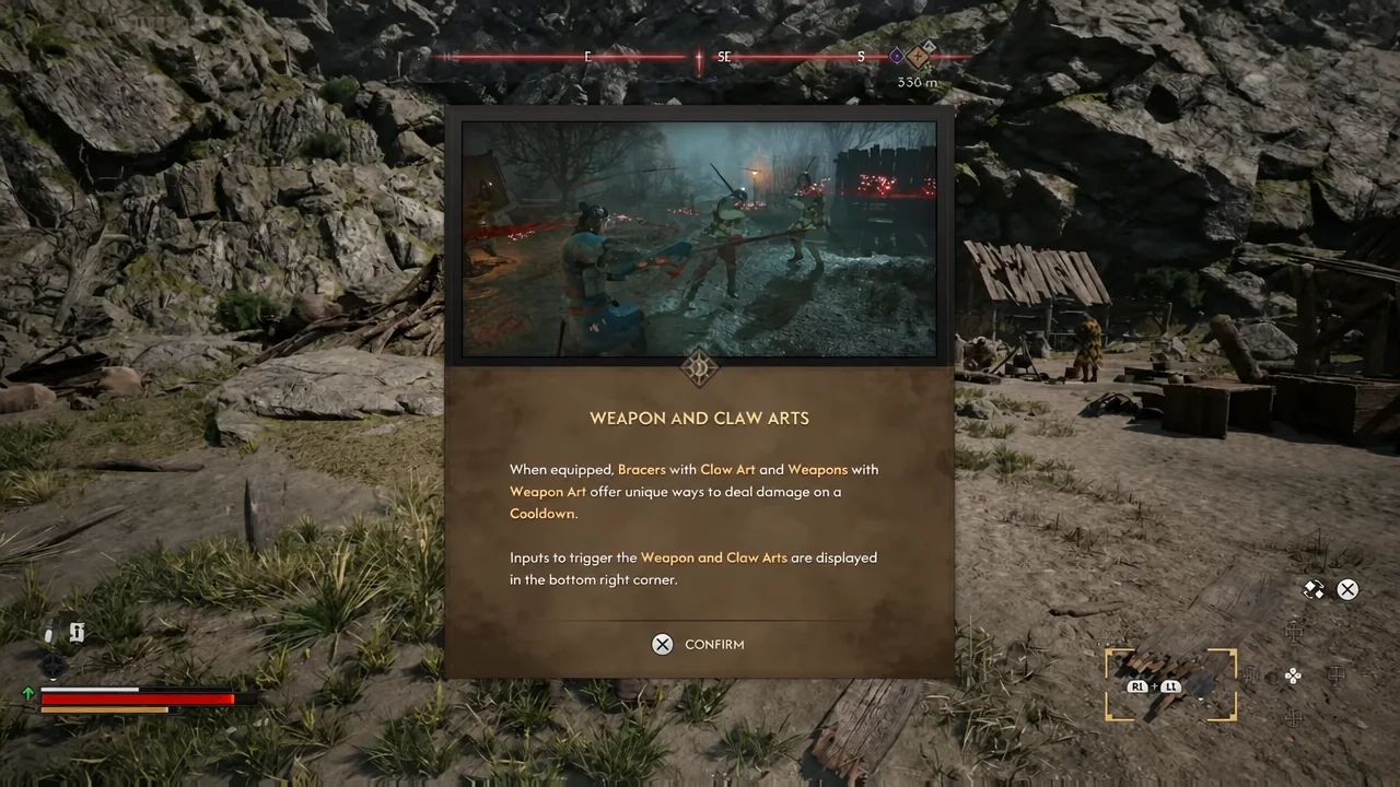 Weapon and Claw Arts tutorial dialog on screen with the Confirm button awaiting input