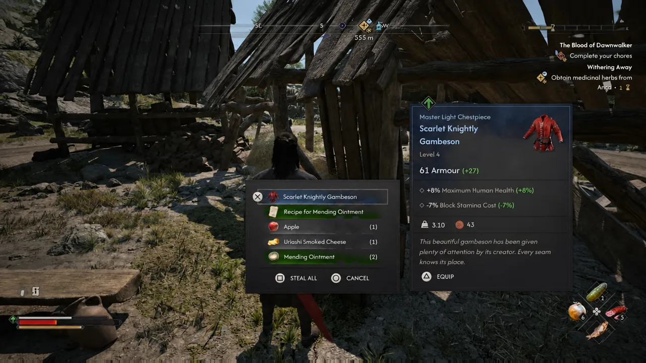 Loot window with Scarlet Knightly Gambeson selected and its stats shown