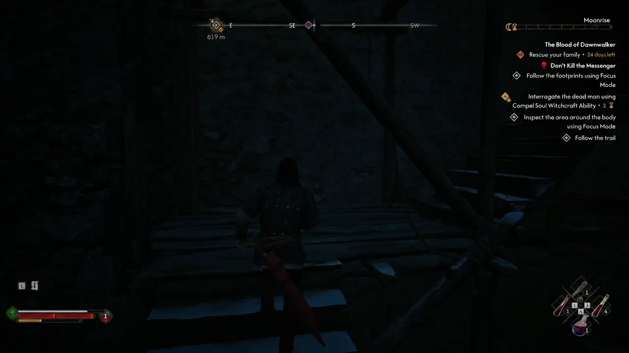 Quest tracker showing the Compel Soul objective as Coen moves along a dark walkway at night