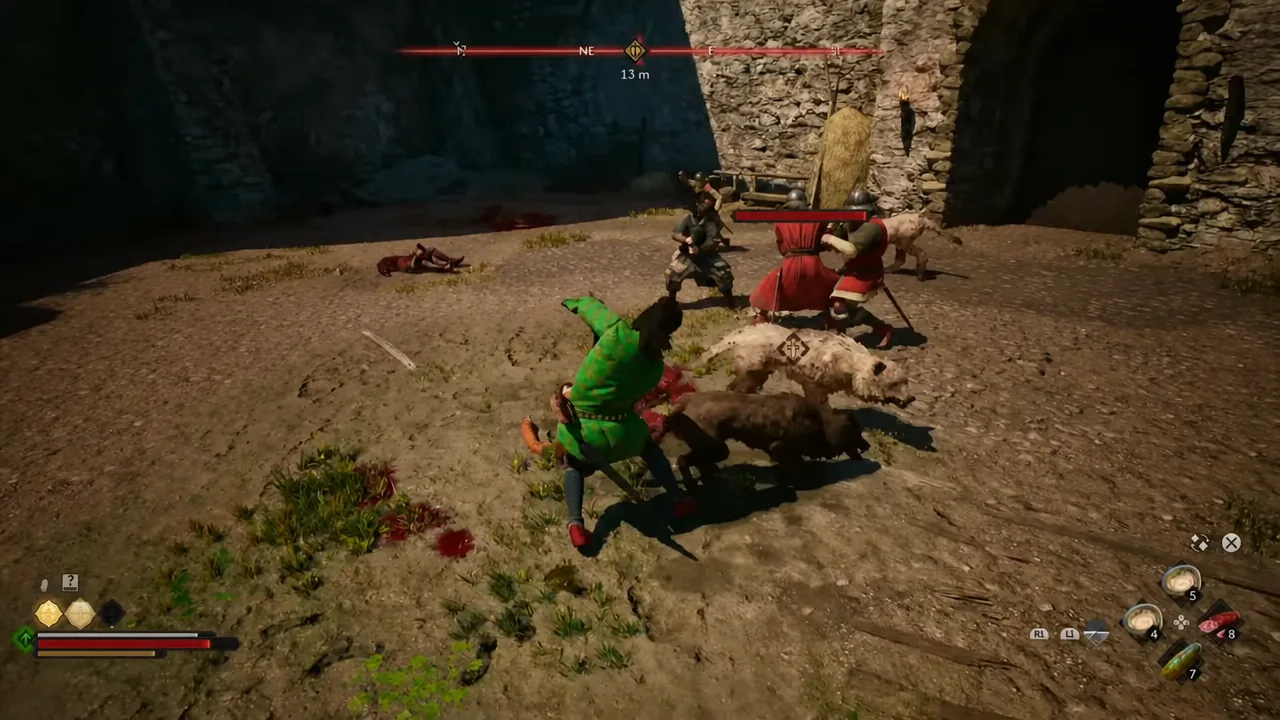 Coen fighting a boar in the wild with the enemy target marker and combat HUD on screen
