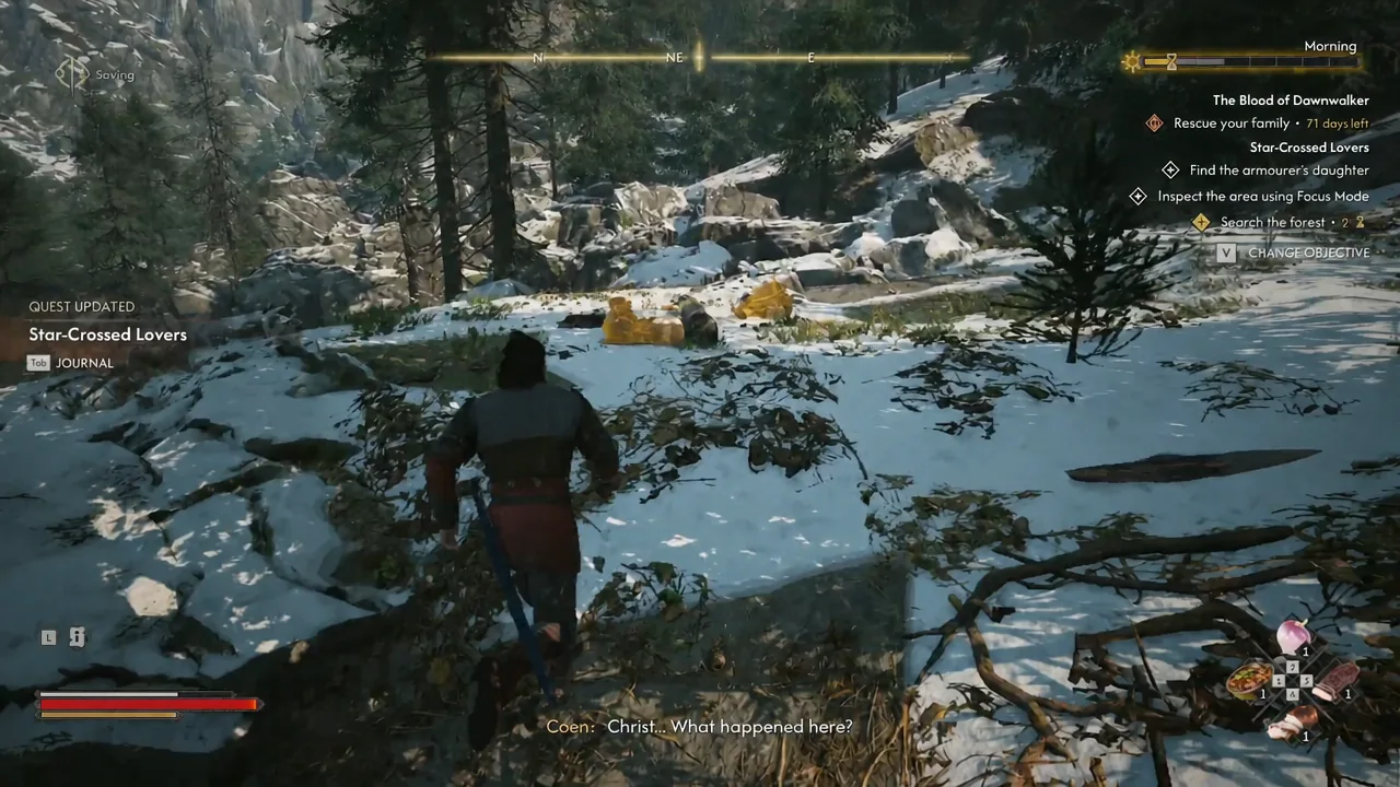 Star-Crossed Lovers tracked in the journal while Coen searches a snowy forest for the armourer's daughter