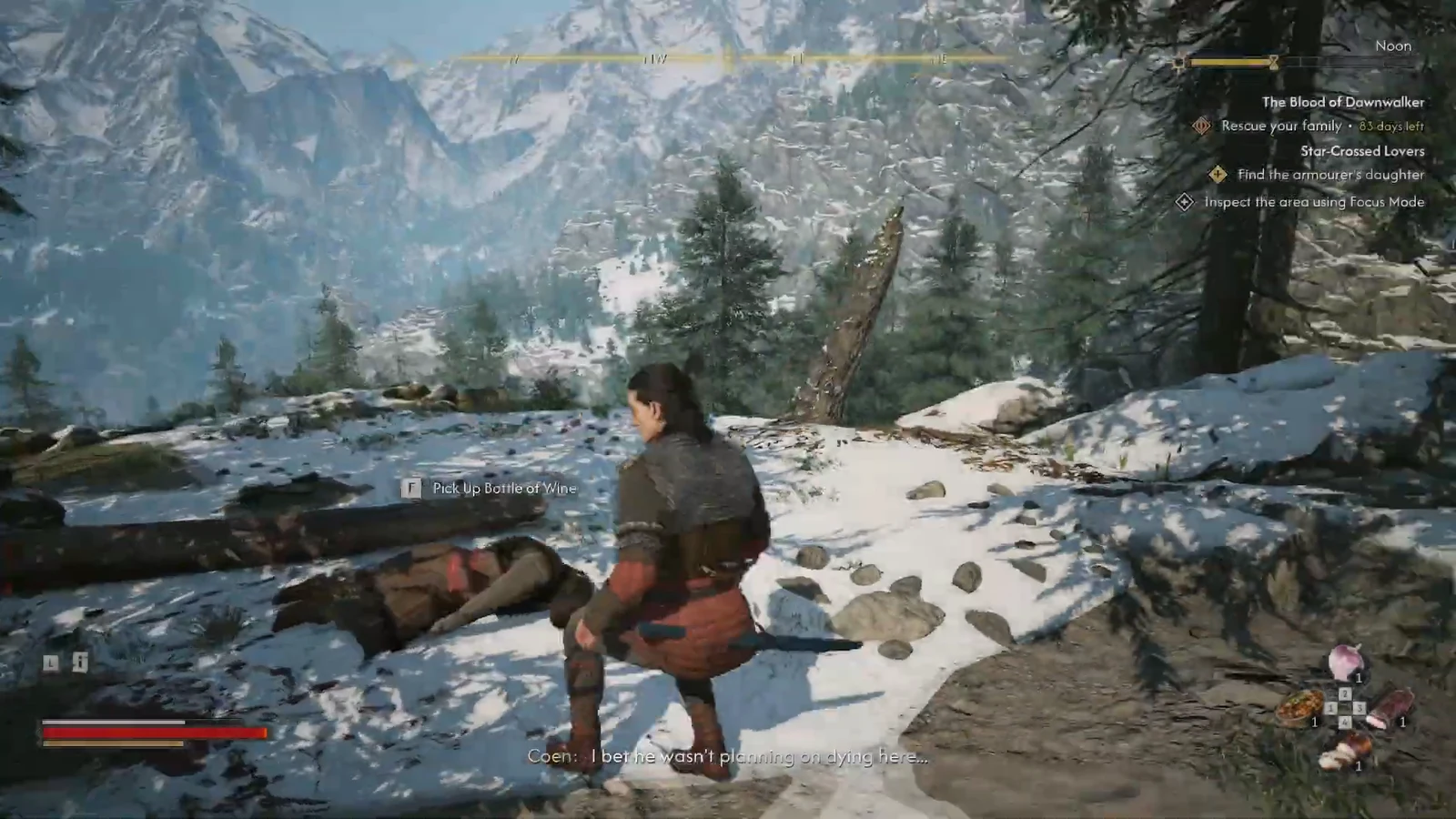 Pick Up Bottle of Wine prompt on screen at the snowy picnic site