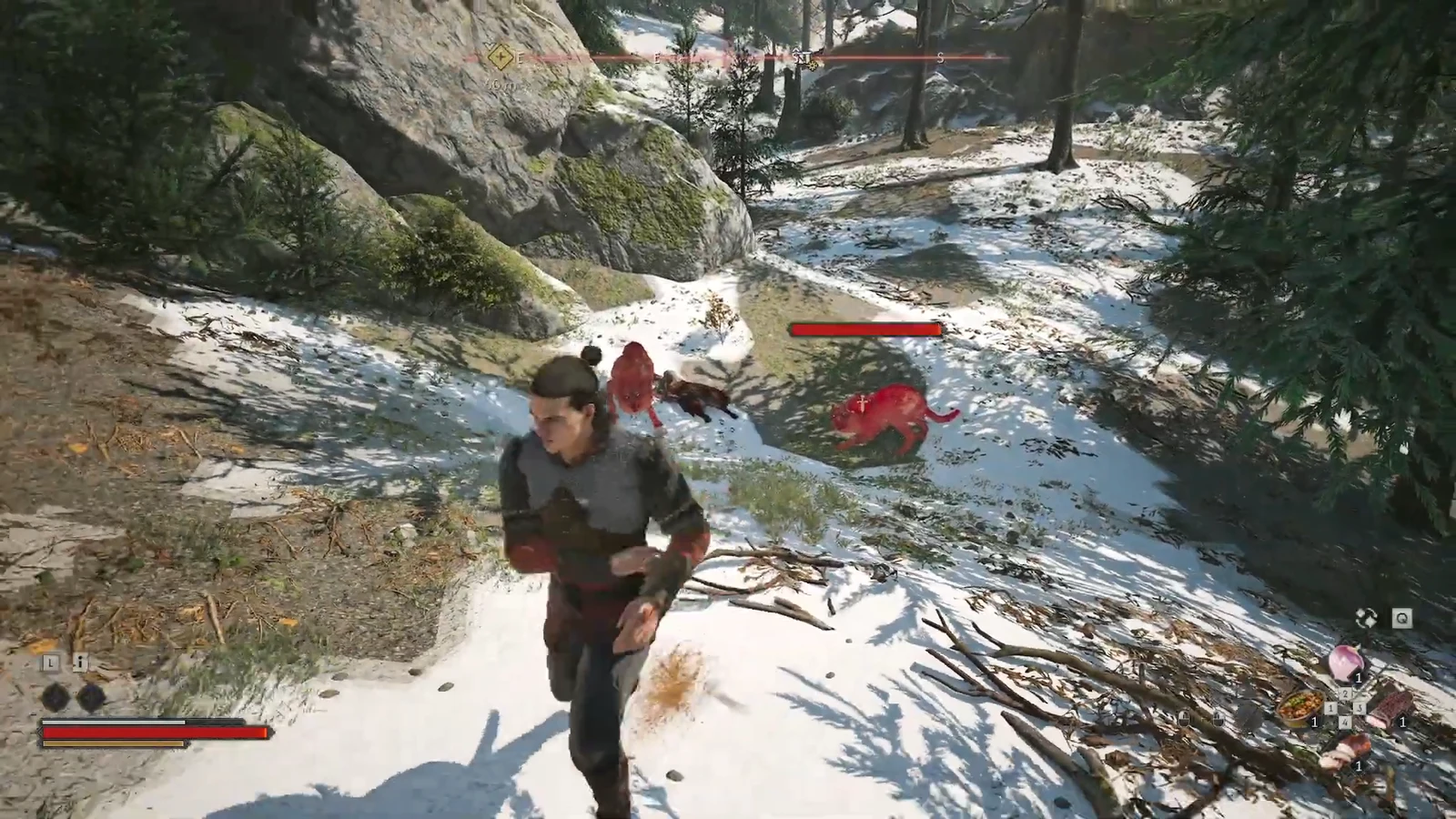 Coen backing through snowy trees as two wolves with red health bars close in