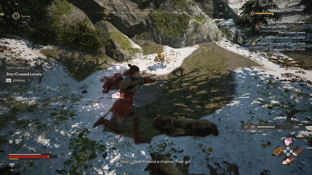Quest update reading Inspect the girl's body as Coen examines the corpse in the snow