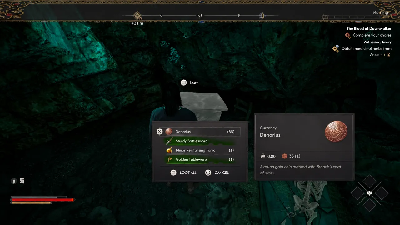 Chest loot window with Denarius selected and the Loot All prompt visible