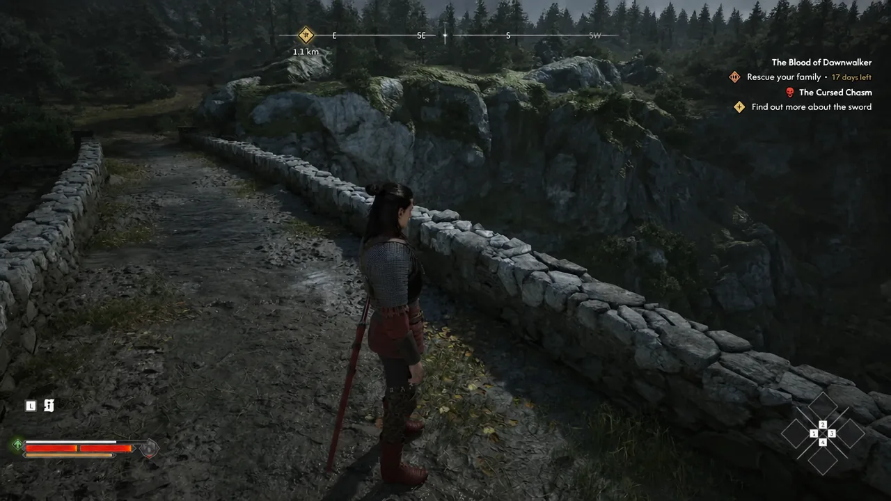 Coen crossing the stone bridge above the Svartrau waterfall with the quest tracker on screen