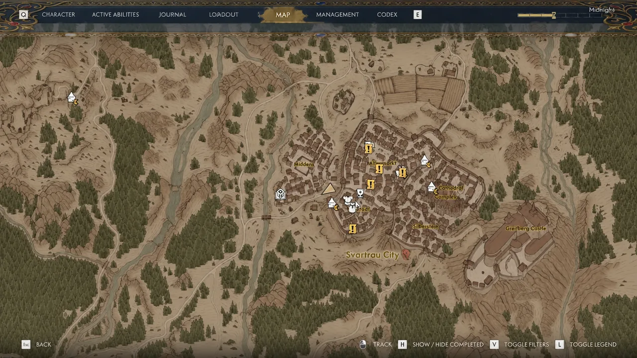 World map opened on the MAP tab showing Svartrau City and its vendor markers