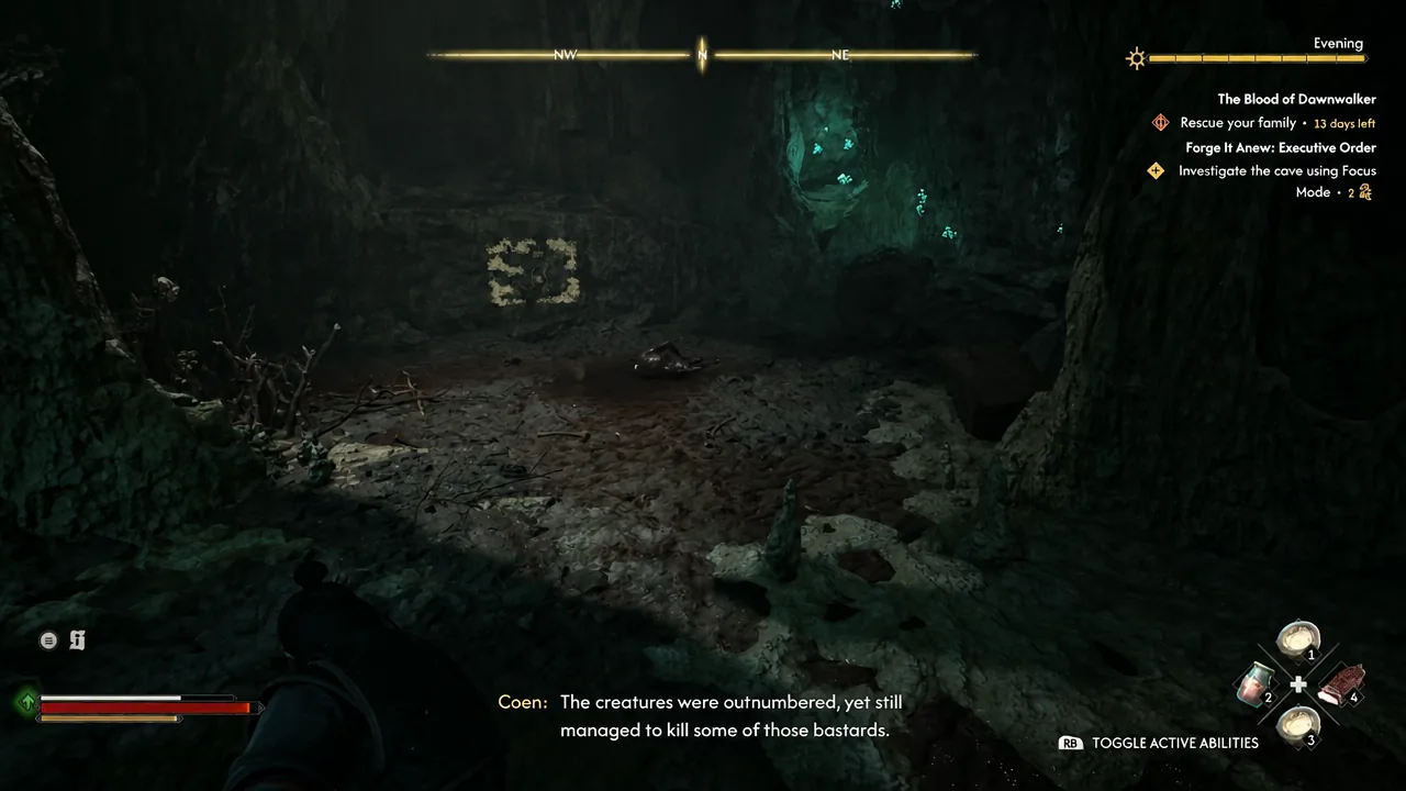 Quest tracker showing rescue your family while Coen explores a cave