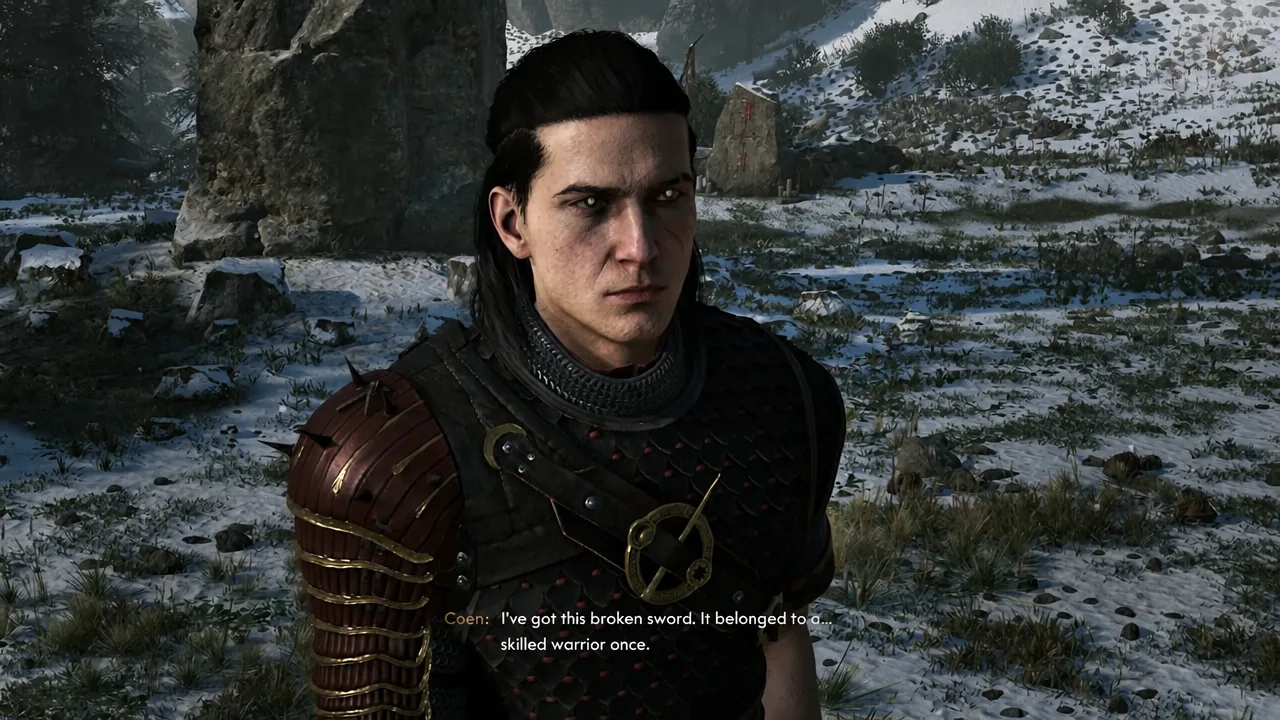 Coen in dialogue discussing the broken sword once carried by a great warrior