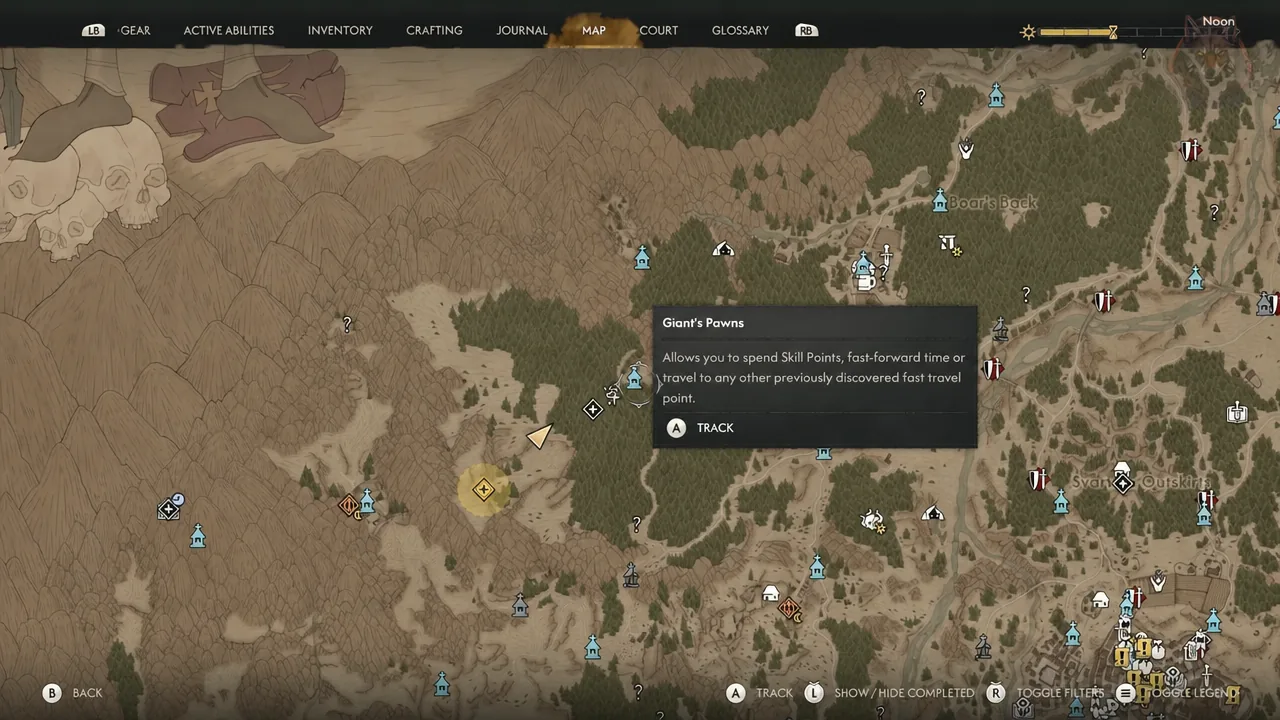 Map screen with Giant's Pawns highlighted and its info panel open to track