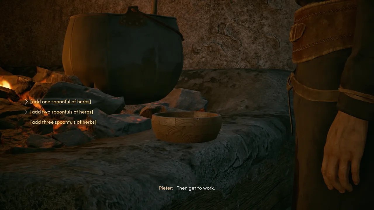 Cauldron prompt showing the one, two and three spoonfuls of herbs options