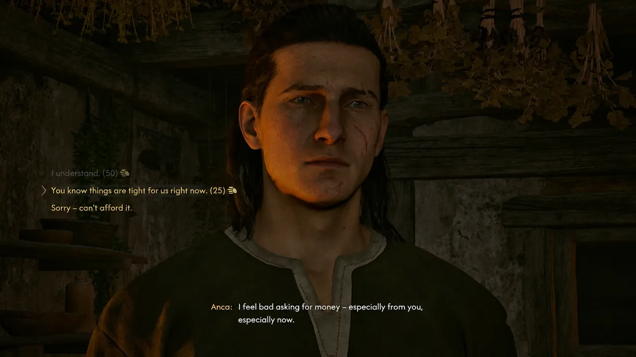 Dialogue options with Anca, with the 25-cost reply about money being tight highlighted