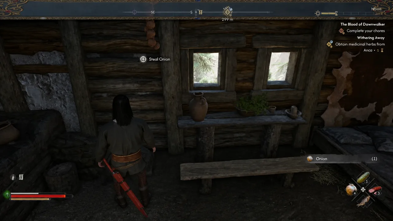 Steal Onion prompt highlighted on a vegetable inside the second village hut