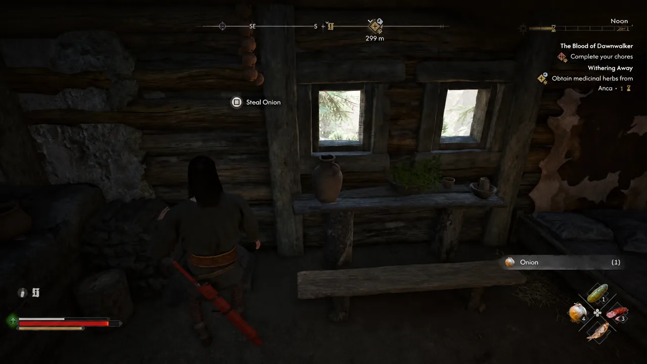 The Steal Onion interaction prompt highlighted on a table inside the second hut
