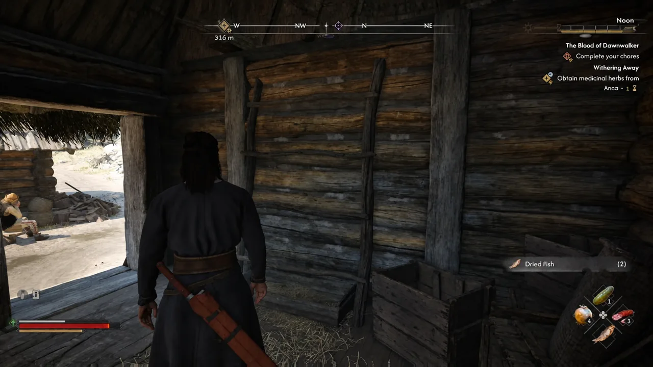 Dried Fish (2) pickup notification appearing on screen after looting the hut