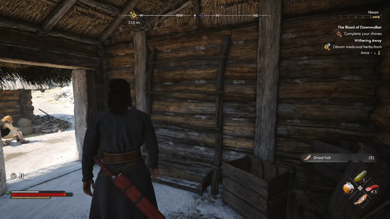 Pickup notification reading Dried Fish (5) inside the hut with the Withering Away quest tracker on screen