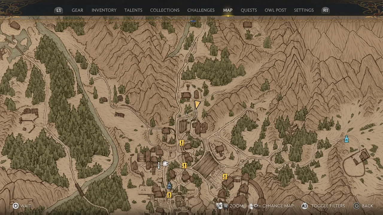 The in-game map with the circular cursor hovering over the village hut before placing a custom marker