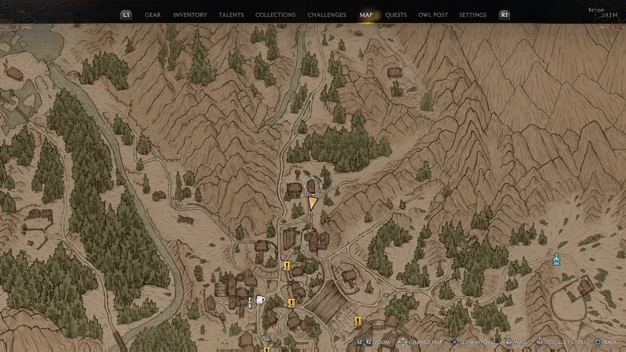 World map screen with the cursor placed over a village hut at the northern edge of the settlement