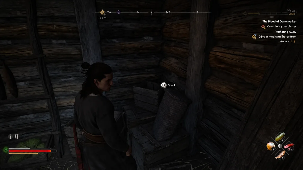 Highlighted Steal interaction prompt on a container inside the village hut