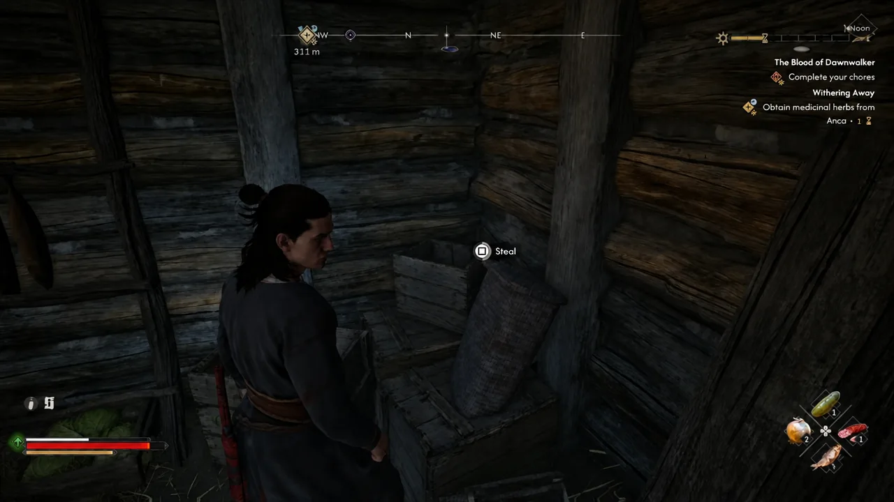 The square-button Steal prompt showing next to a chest inside the first hut