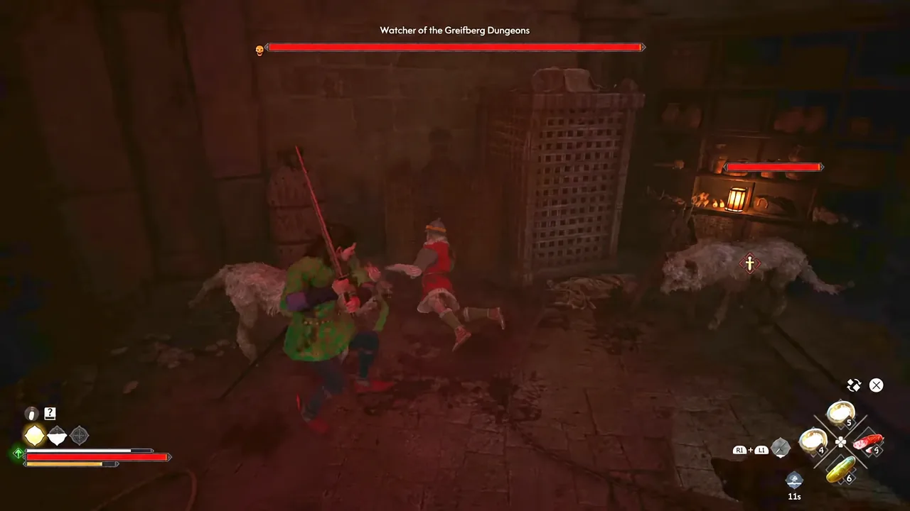 Coen fighting enemies in the Greifberg Dungeons with the Watcher boss health bar on screen