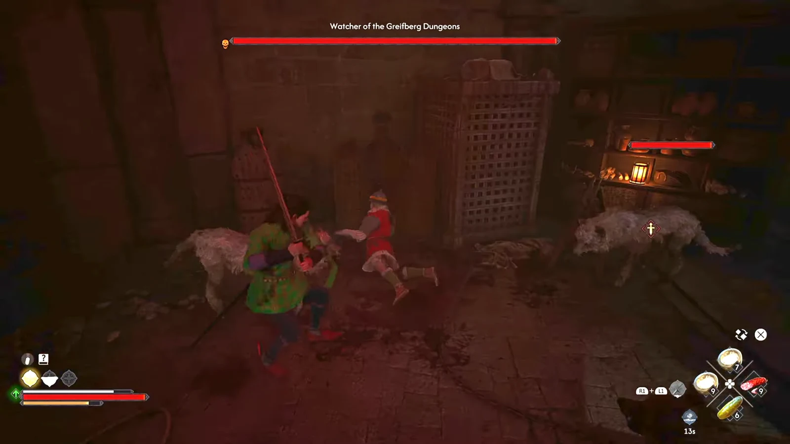 Coen fighting enemies in the Greifberg Dungeons with the Watcher boss health bar on screen