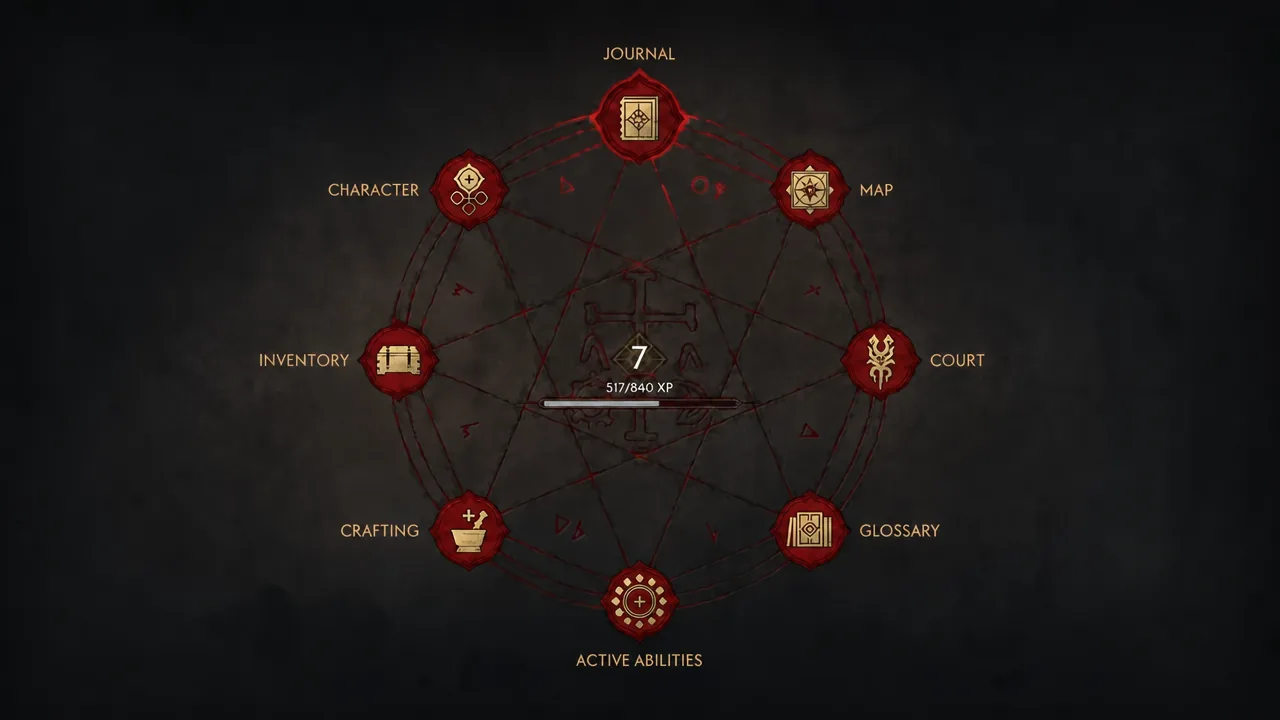 Radial menu open in The Blood of Dawnwalker with the Journal option highlighted