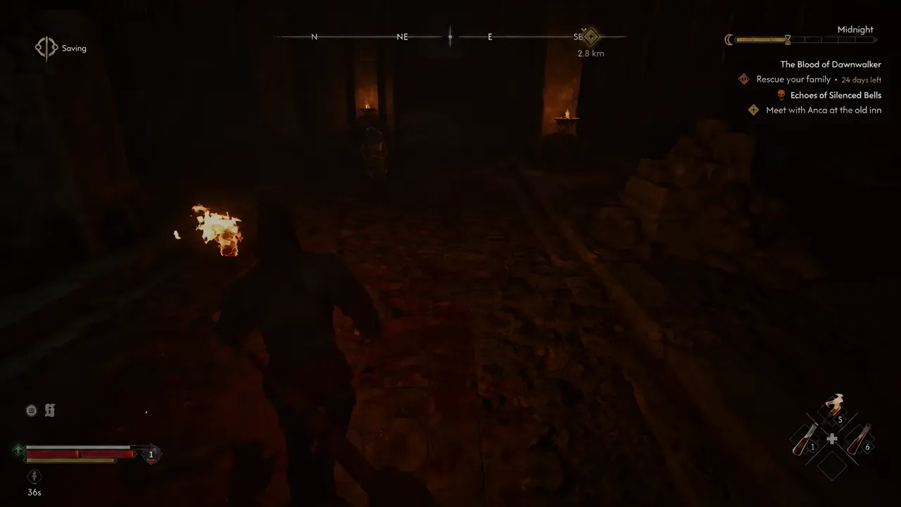 Coen walks through a torch-lit dungeon corridor toward a quest marker to the southeast