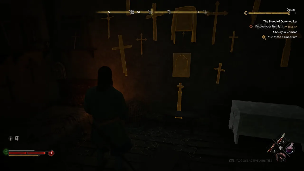 Coen moving through a dark interior with the quest tracker showing Rescue your family and Visit Vicho's Emporium