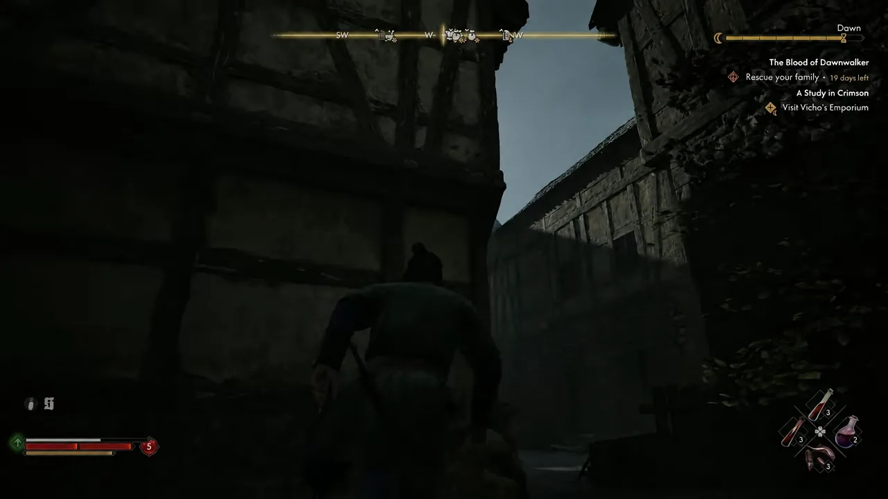 Coen crouching through a narrow ruined passage while circling a building at night