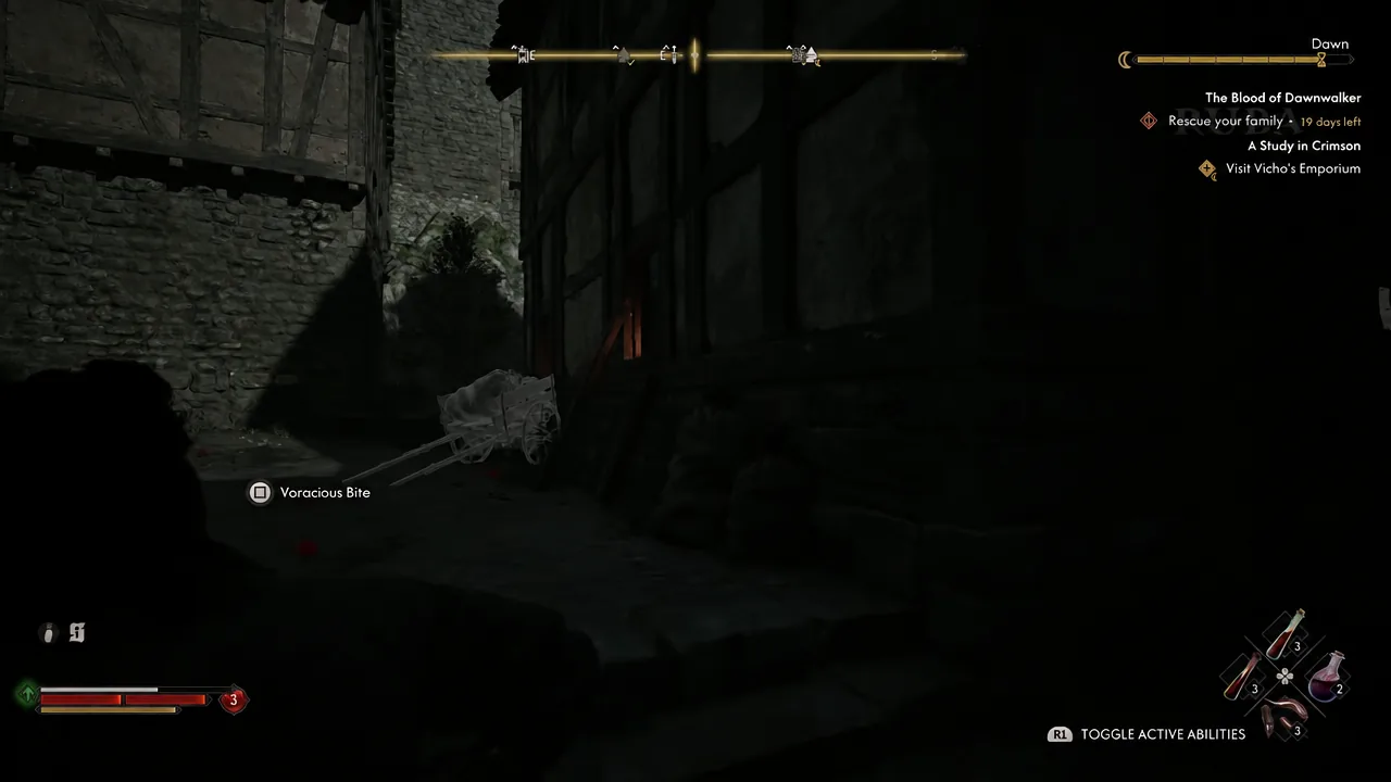 On-screen button prompt for the Voracious Bite ability during night-time vampire gameplay