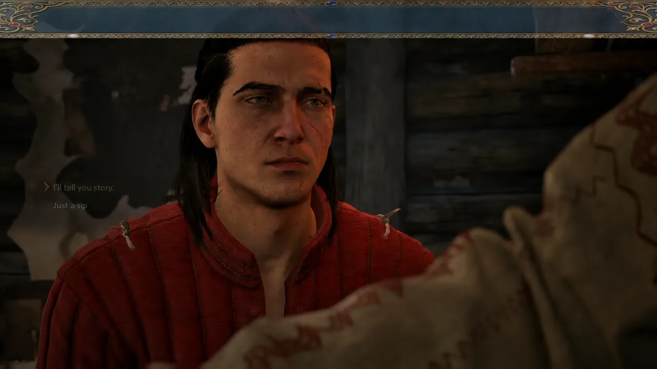 Dialogue wheel with "I'll tell you a story" highlighted as Esme refuses the infusion