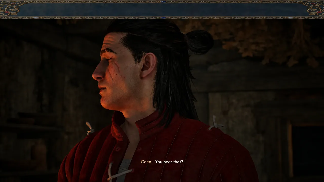 Coen asking "You hear that?" as the storm begins inside Anca's cabin
