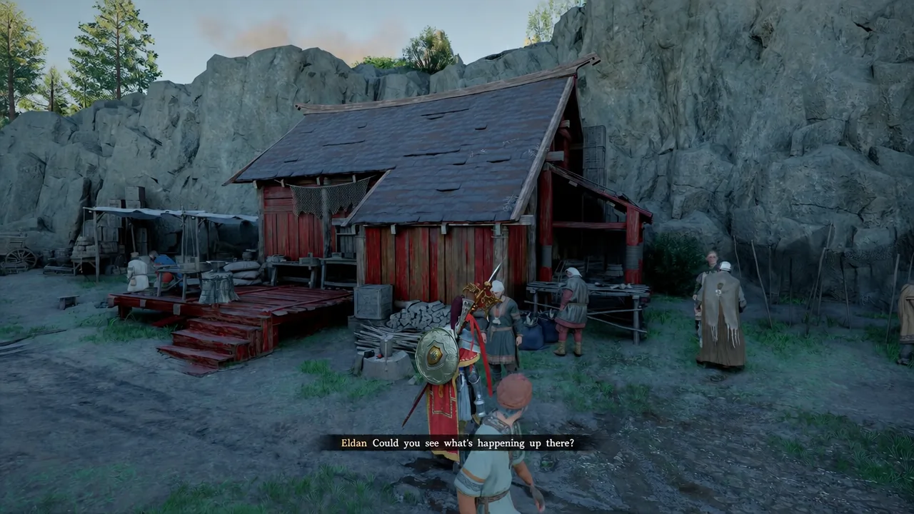 Eldan asking the player to check what is happening on the mountain, with villagers nearby
