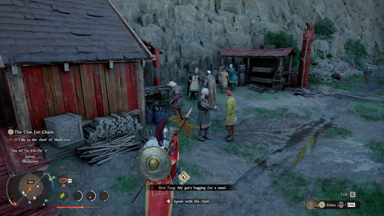 Skallove village with the Speak with the chief objective highlighted on the HUD