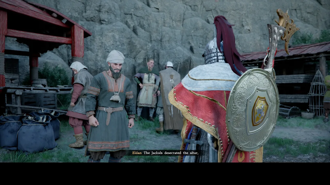 Subtitle reading The Jackals desecrated the altar during Eldan's dialogue