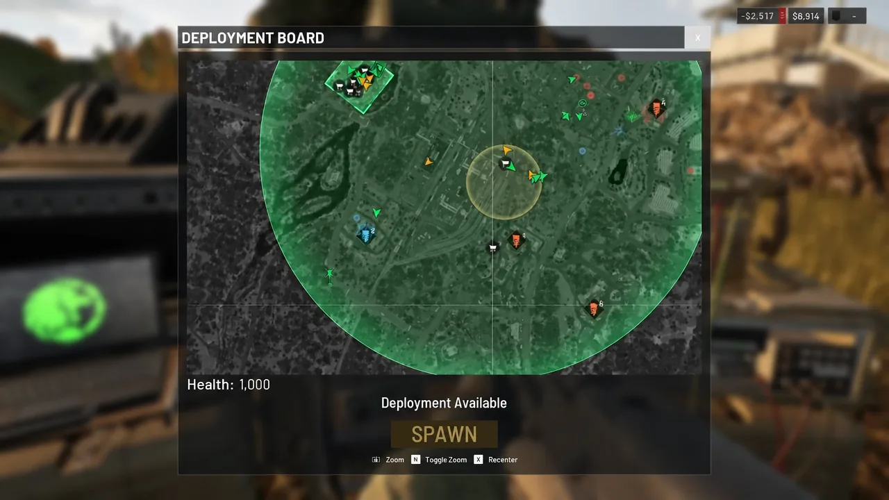 Deployment Board map screen with a spawn point selected and the SPAWN button highlighted